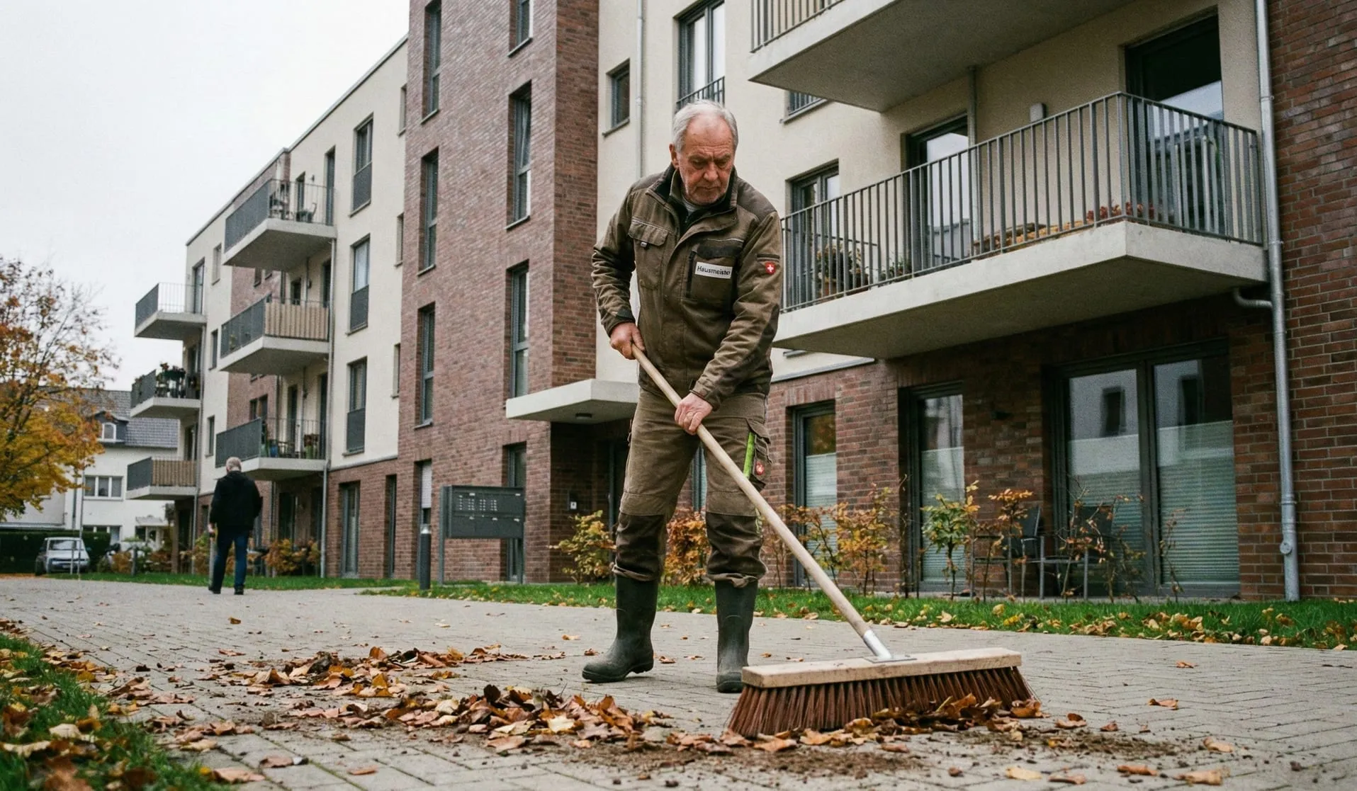 Hausmeister kehrt Laub auf dem Gehweg vor einer Wohnanlage