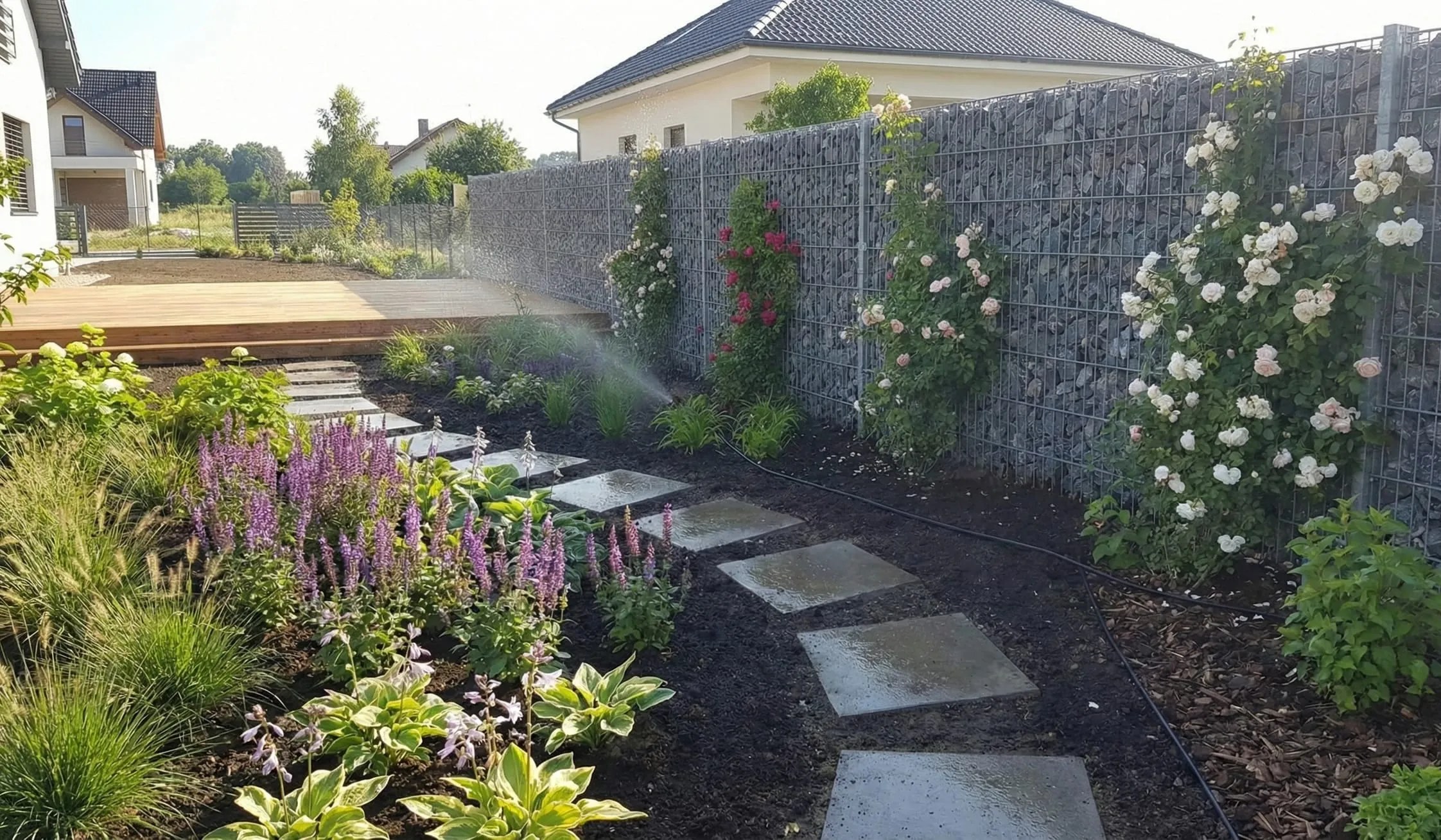 Gartenweg aus Trittplatten zwischen blühenden Staudenbeeten vor einer Gabionenwand