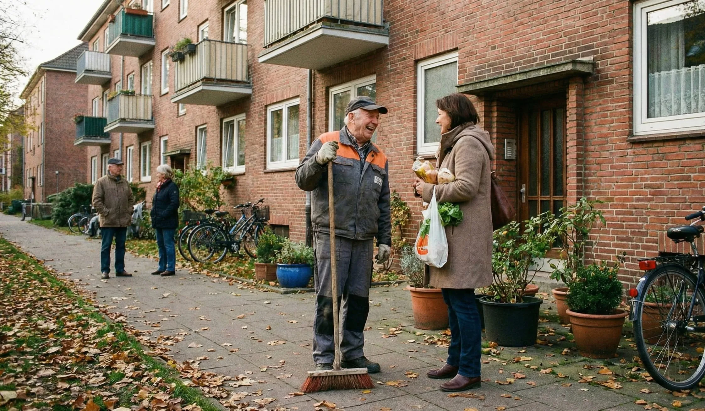 Hausmeister im Gespräch mit einer Bewohnerin auf dem Zuweg einer Wohnanlage