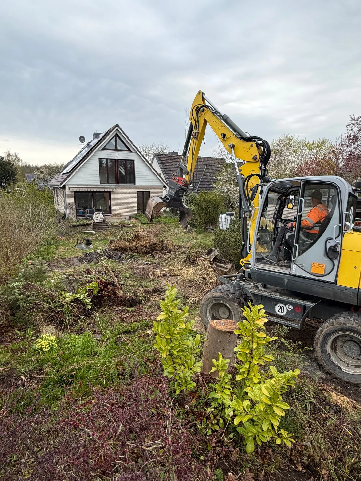 Mobilbagger räumt einen verwilderten Garten vor einem Einfamilienhaus für die Neugestaltung.