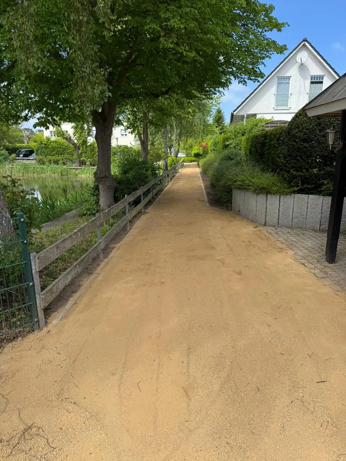 Fertiggestellter wassergebundener Weg in warmem Gelbton fuehrt zwischen Holzzaun am Teich und geschnittener Hecke am Wohnhaus entlang, bei Sonnenschein und blauem Himmel.