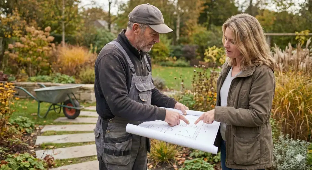 Ein Mitarbeiter berät eine Kundin für ein gartenbauprojekt