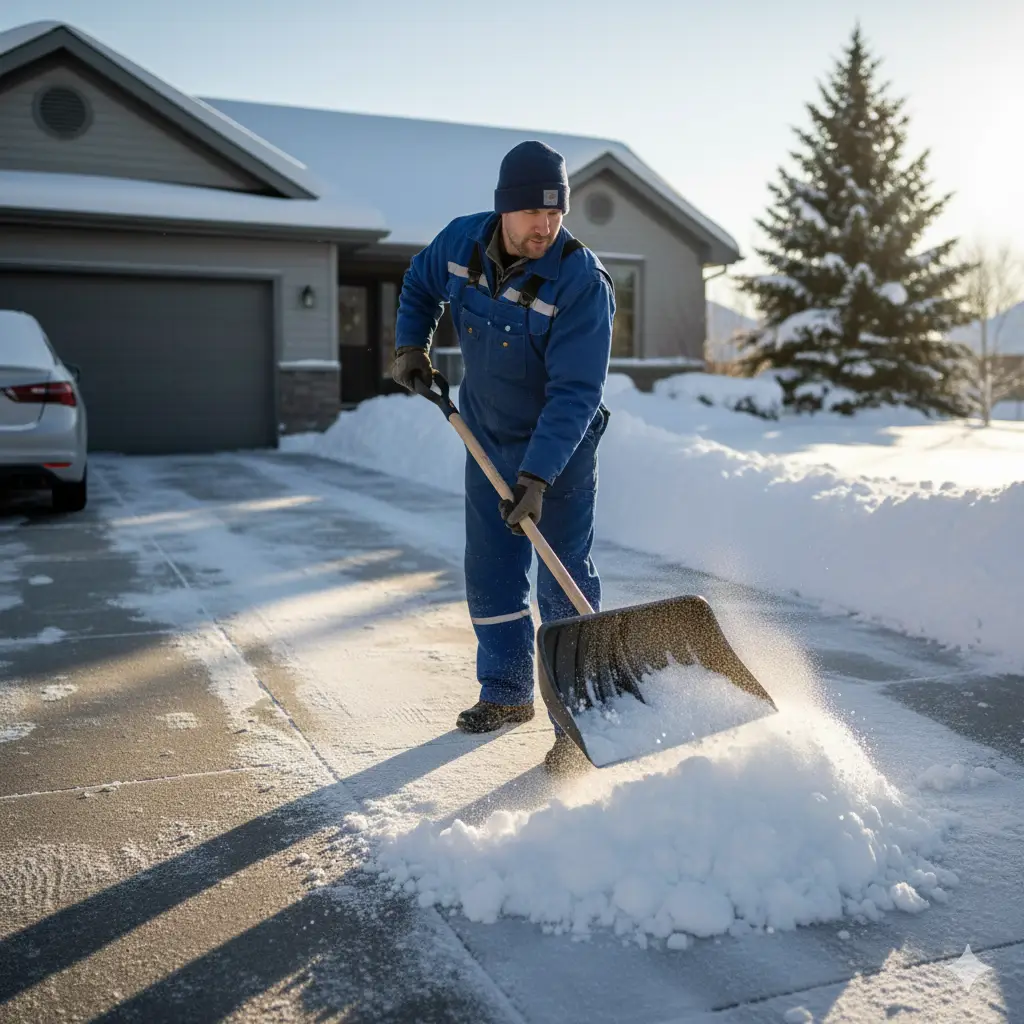 Mitarbeiter räumt den Schnee auf einer Auffahrt in Kiel